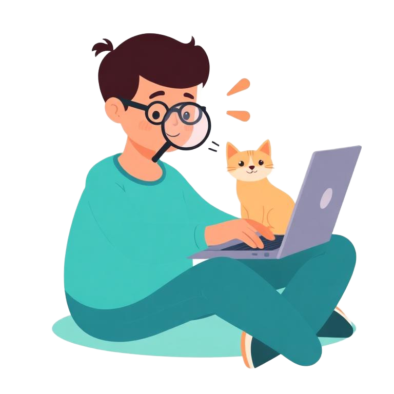 Illustration: Person recherchiert Katzenlaute am Laptop