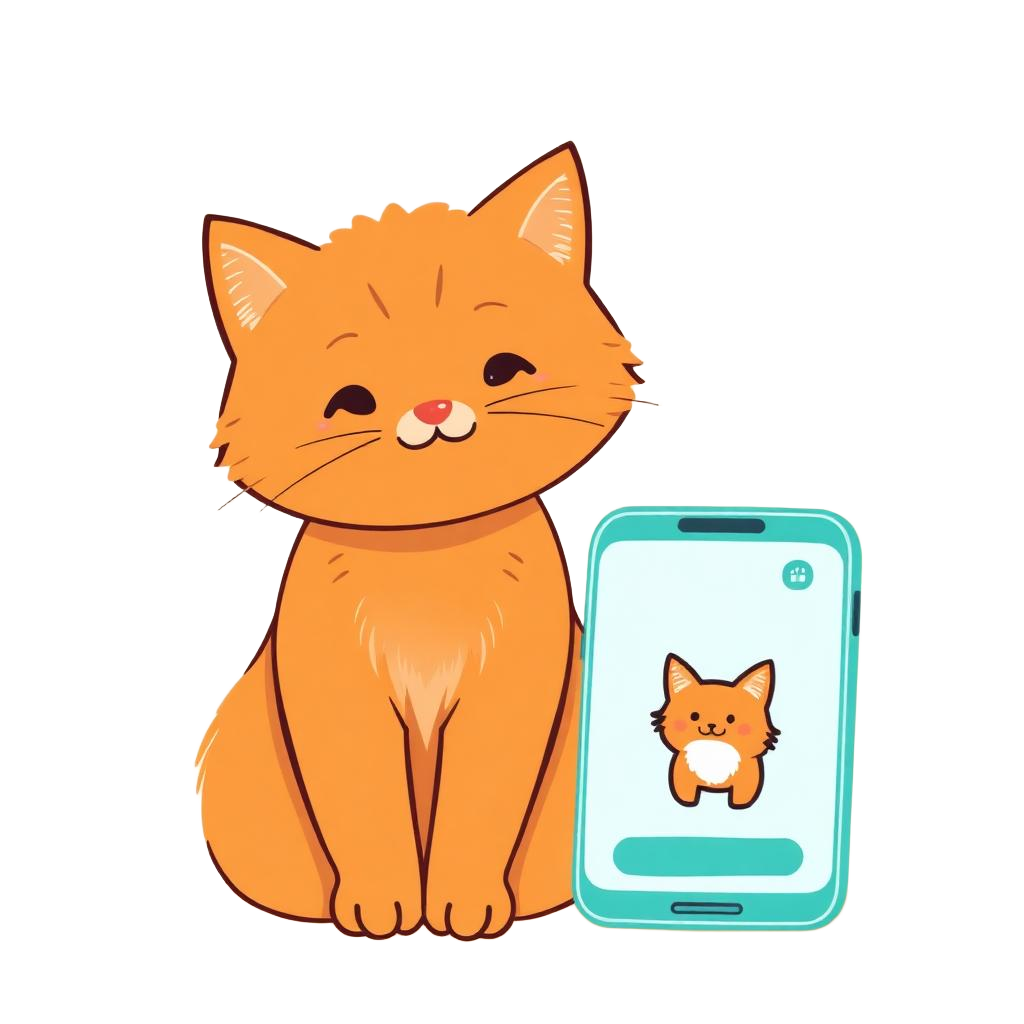Illustrierte Katze neben einem Smartphone mit der MiauLingo-App